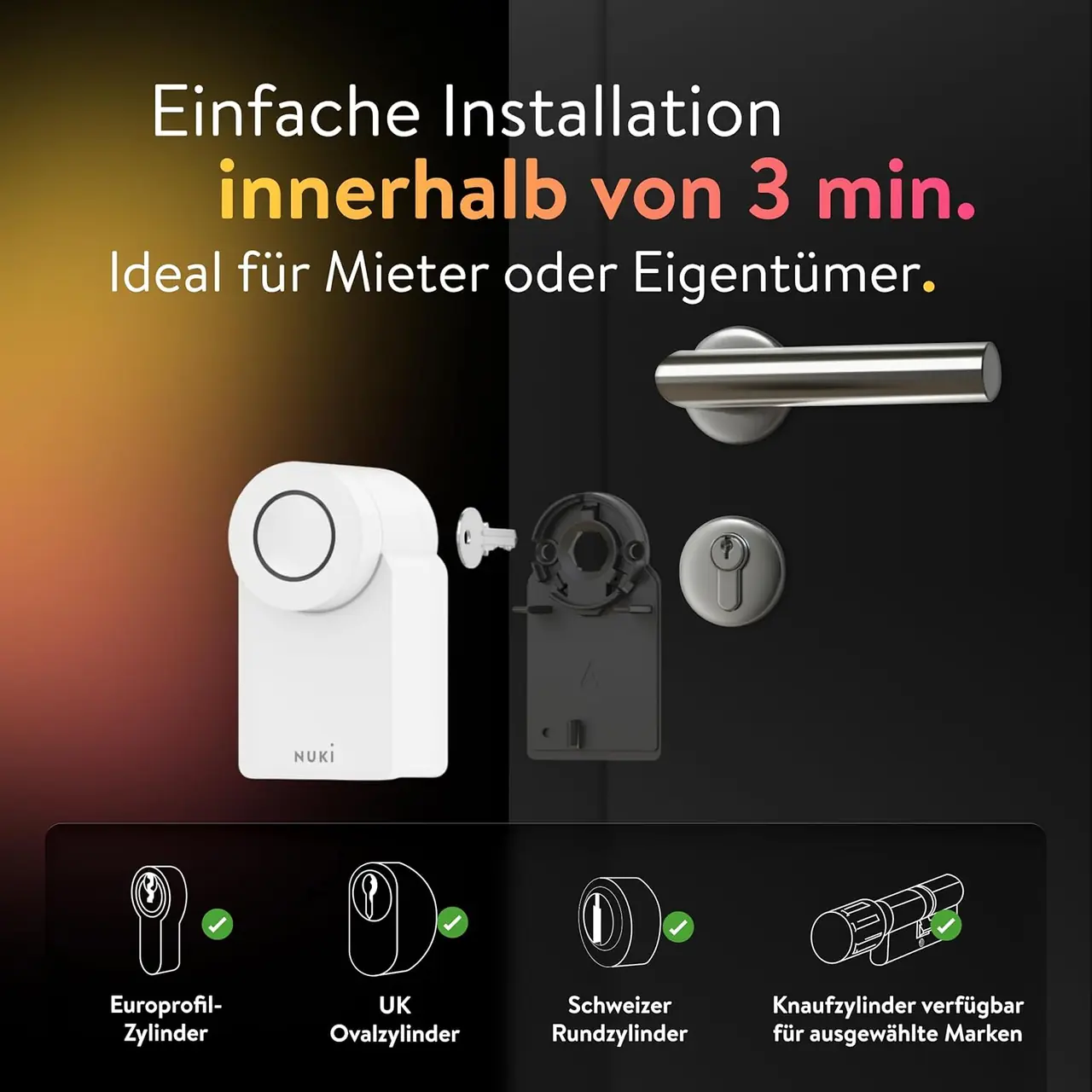 Nuki Smart Lock Go Installation in 3 Minuten – smartes Türschloss ideal für Mieter und Eigentümer, passt auf Euro-Profil-, UK-Oval-, Schweizer Rund- und Knaufzylinder