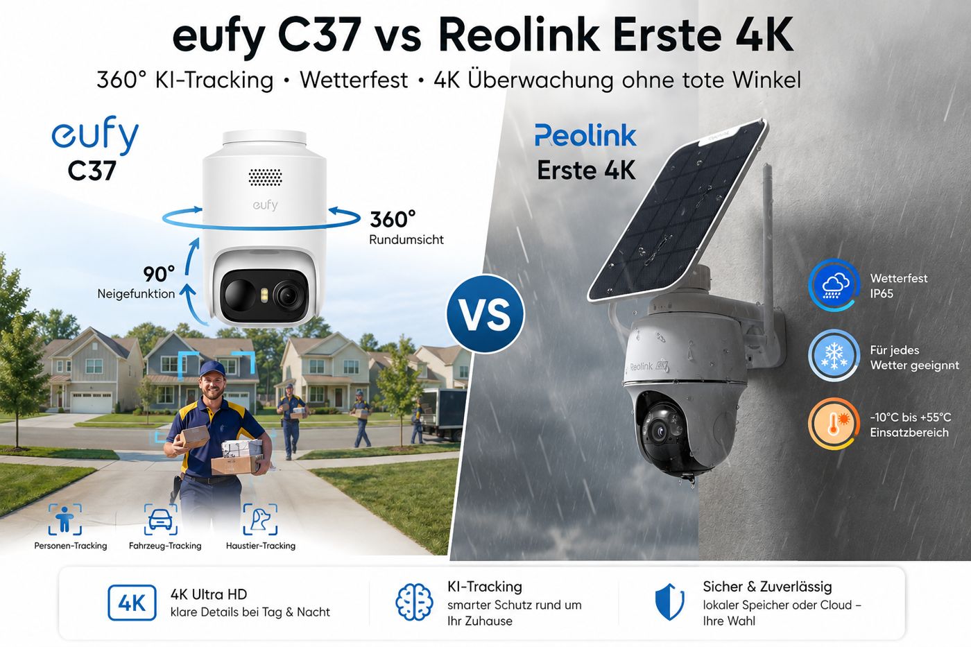 eufyCam C37 mit 360 Grad KI-Tracking gegen Reolink Argus PT Ultra 4K mit Solarpanel – Vergleich zweier Akku-Solar-Überwachungskameras 2026