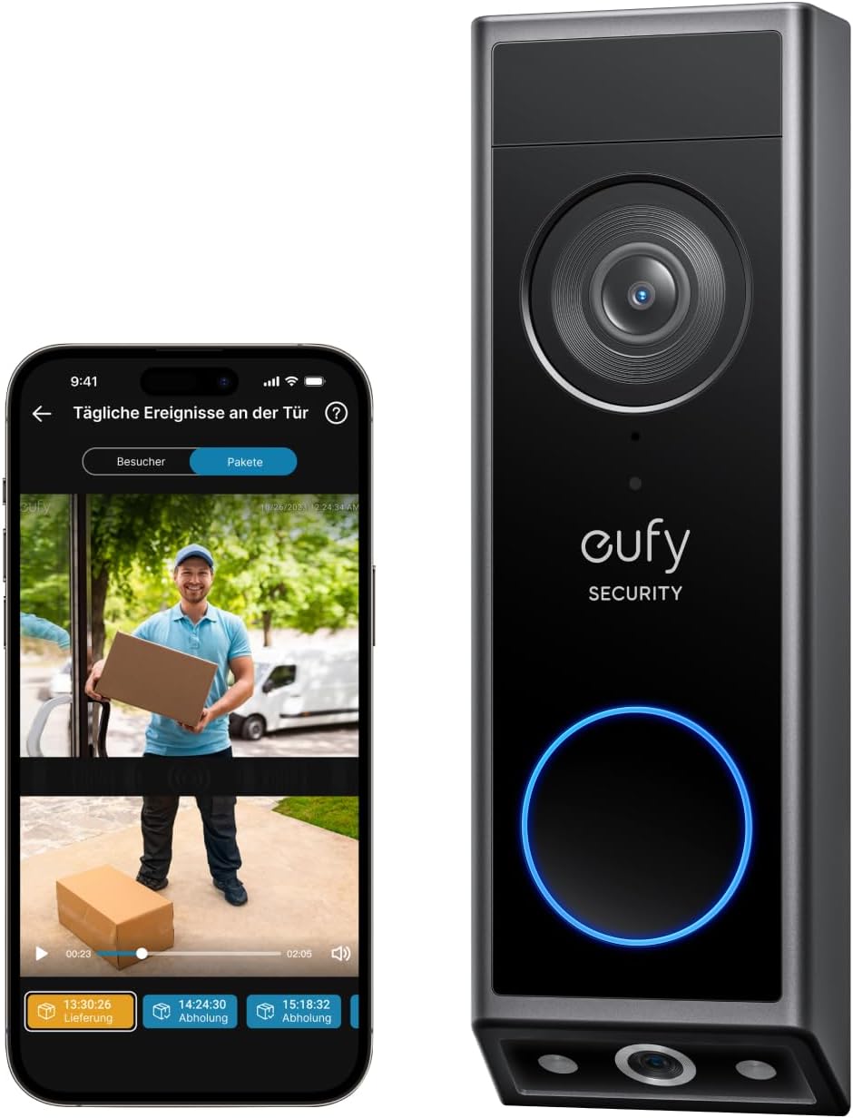 Eufy Security Video Doorbell E340 mit Dual-Kamera, 2K Farb-Nachtsicht und Akkubetrieb an der Haustür montiert