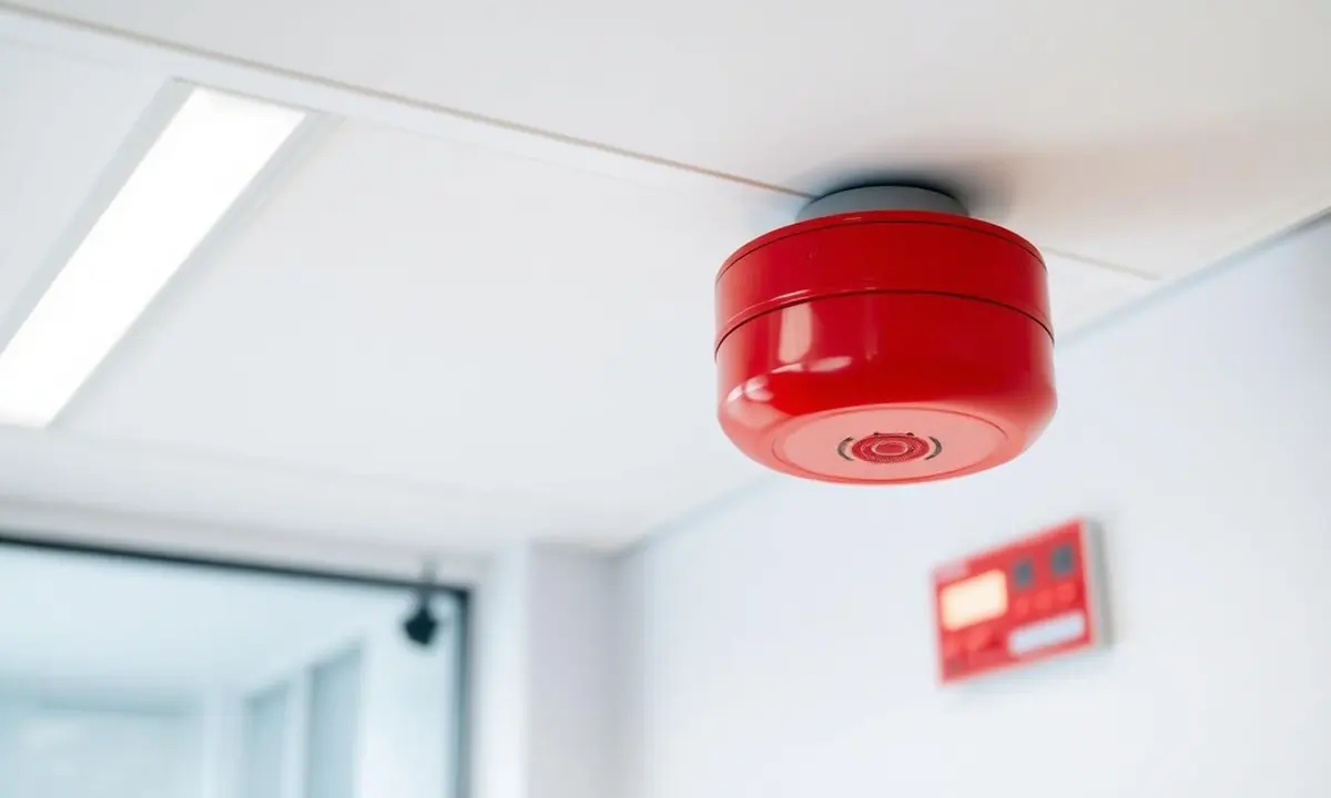 Roter Brandmelder fest an der Decke eines deutschen Bürogebäudes montiert mit Brandmeldezentrale im Hintergrund