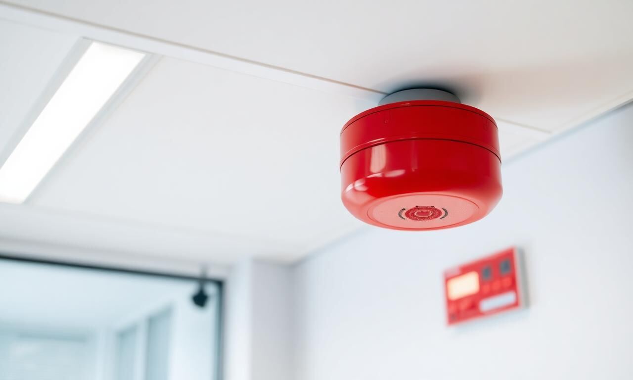 Roter Brandmelder fest an der Decke eines deutschen Bürogebäudes montiert mit Brandmeldezentrale im Hintergrund