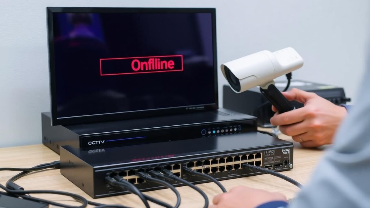 CCTV IP-Kamera offline – Techniker prüft NVR, PoE-Switch und Netzwerkkabel zur Fehlersuche