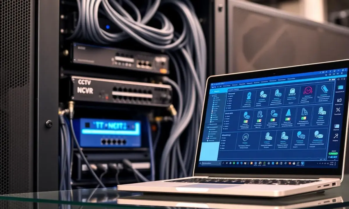 Server-Rack mit CCTV NVR-Rekorder und Netzwerk-Switch in einem deutschen IT-Raum mit Sicherheitssoftware auf Laptop