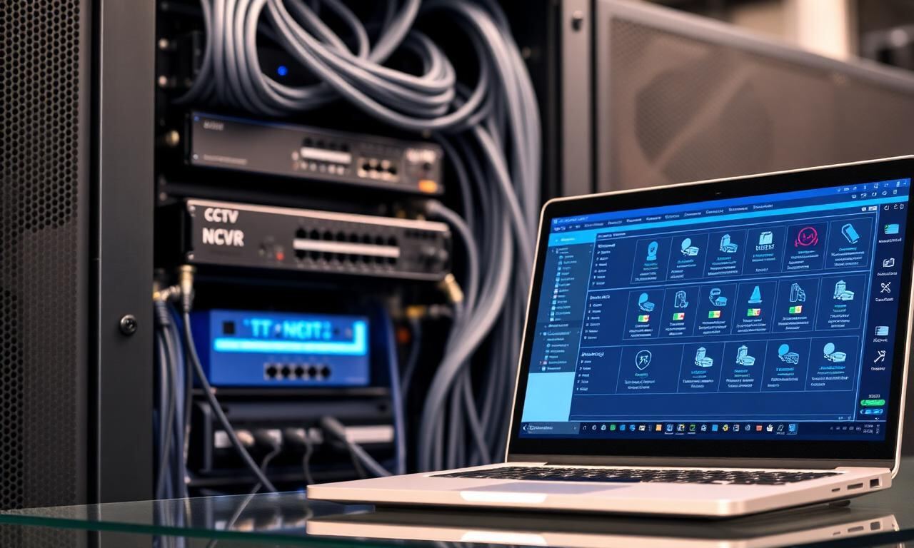 Server-Rack mit CCTV NVR-Rekorder und Netzwerk-Switch in einem deutschen IT-Raum mit Sicherheitssoftware auf Laptop