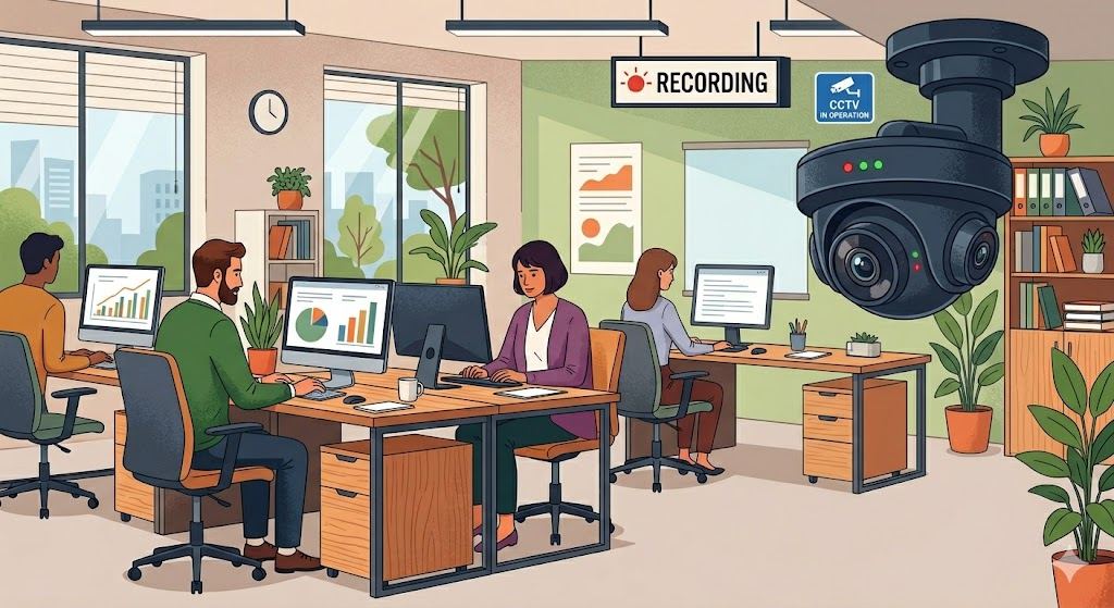 Büro mit sichtbarer Deckenkamera und Recording-Hinweisschild – DSGVO-konforme Videoüberwachung am Arbeitsplatz