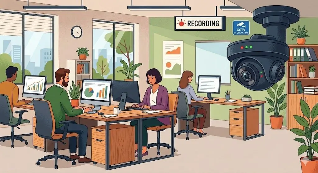 Büro mit sichtbarer Deckenkamera und Recording-Hinweisschild – DSGVO-konforme Videoüberwachung am Arbeitsplatz