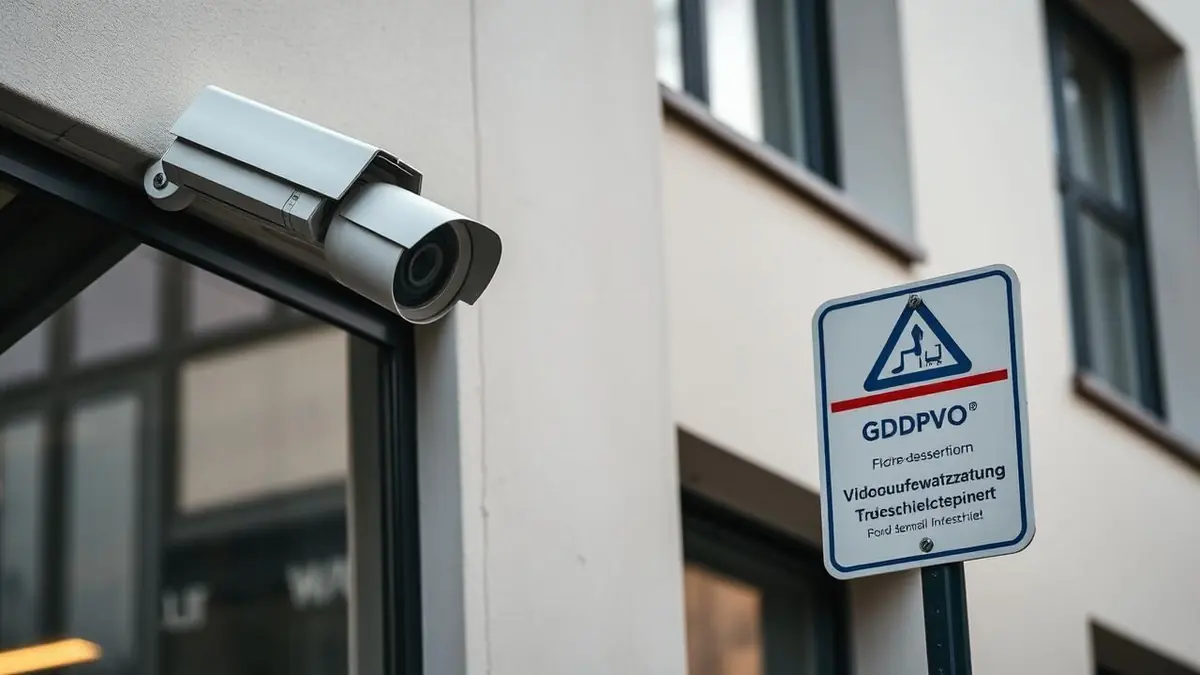 Überwachungskamera an Gebäudefassade mit DSGVO-Hinweisschild – Videoüberwachung Deutschland