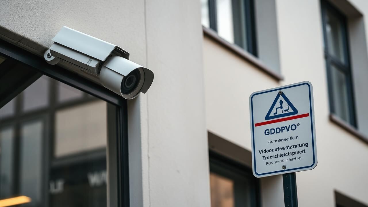 Überwachungskamera an Gebäudefassade mit DSGVO-Hinweisschild – Videoüberwachung Deutschland