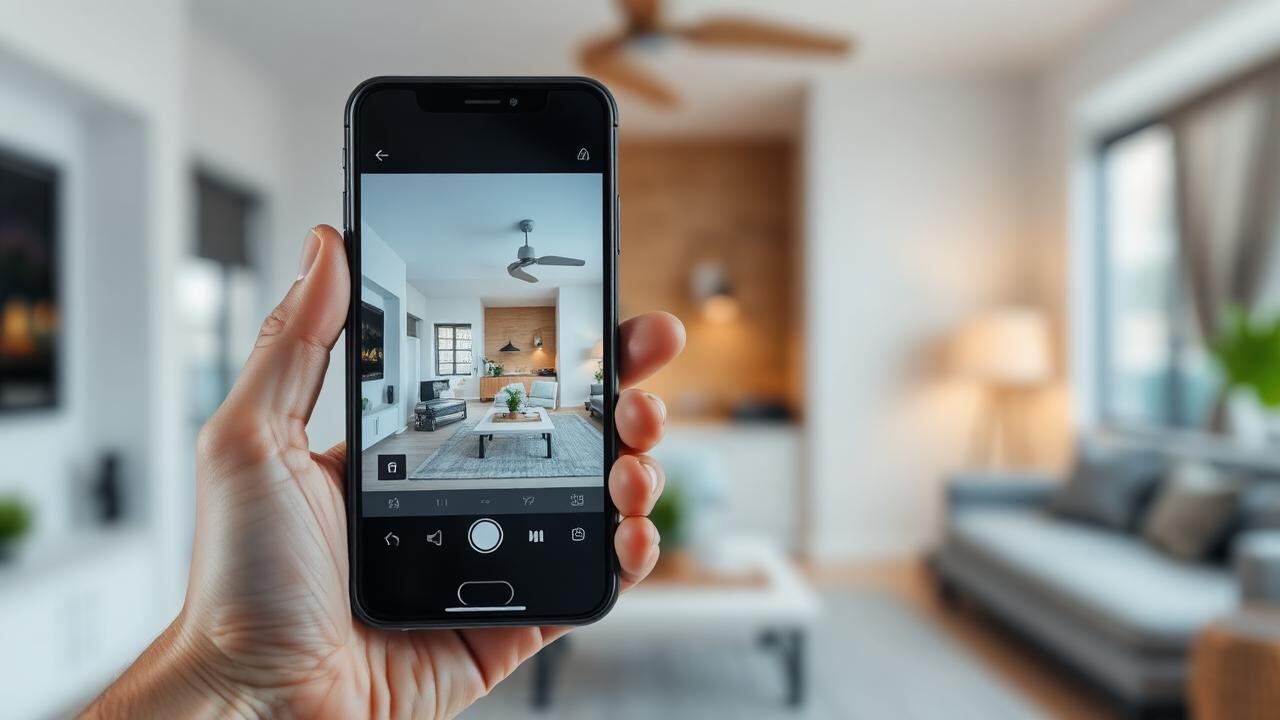Hand hält Smartphone mit Live-Bild einer Überwachungskamera in einem Wohnzimmer