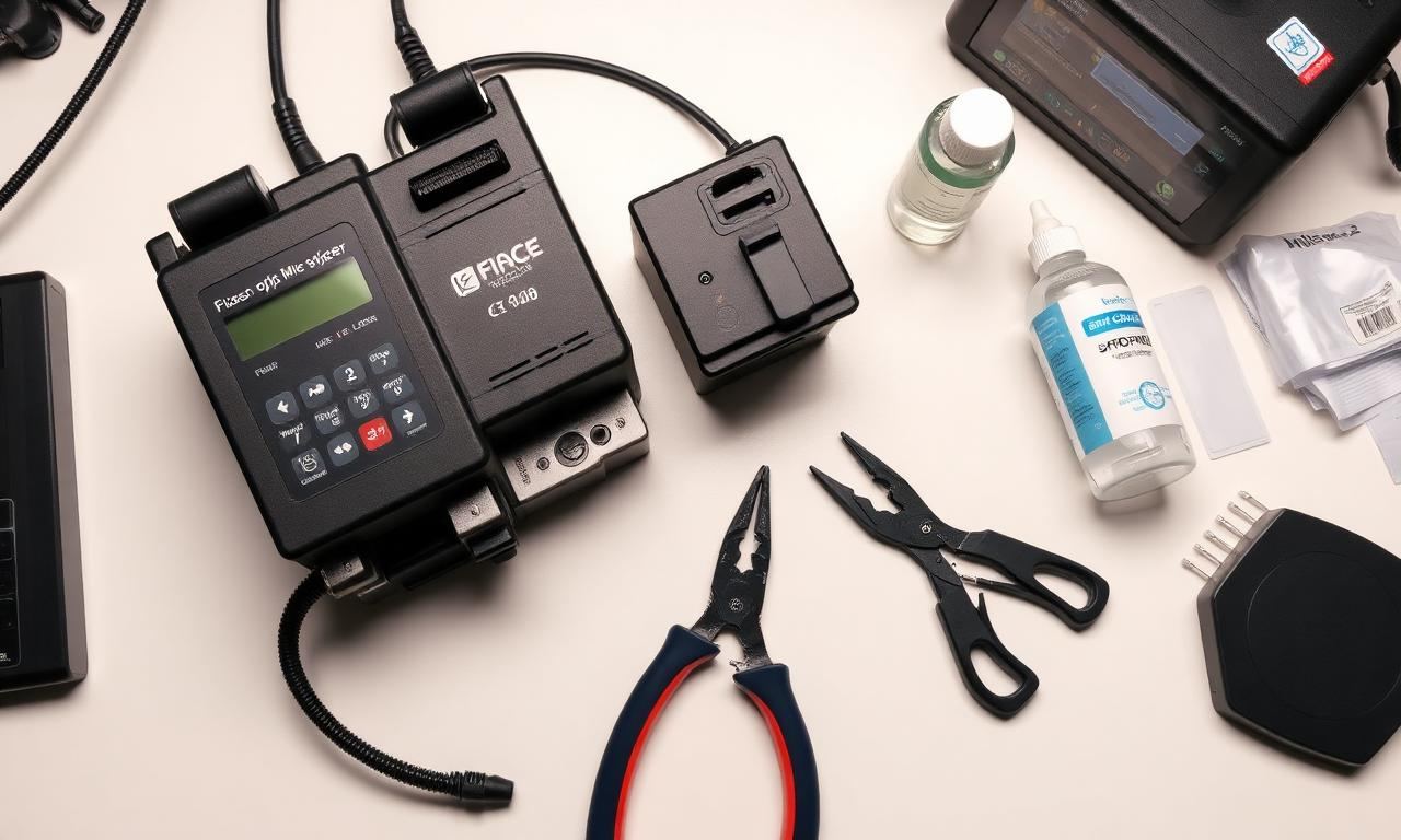 Komplettes Glasfaser-Spleiß-Setup: Fusion Splicer, Cleaver, Absetzzangen, Isopropanol und Reinigungstücher auf dem Werkstatttisch