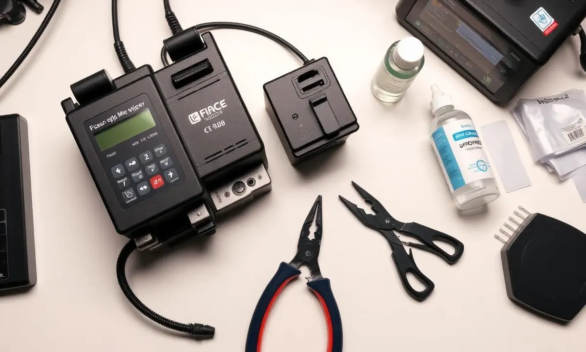 Komplettes Glasfaser-Spleiß-Setup: Fusion Splicer, Cleaver, Absetzzangen, Isopropanol und Reinigungstücher auf dem Werkstatttisch