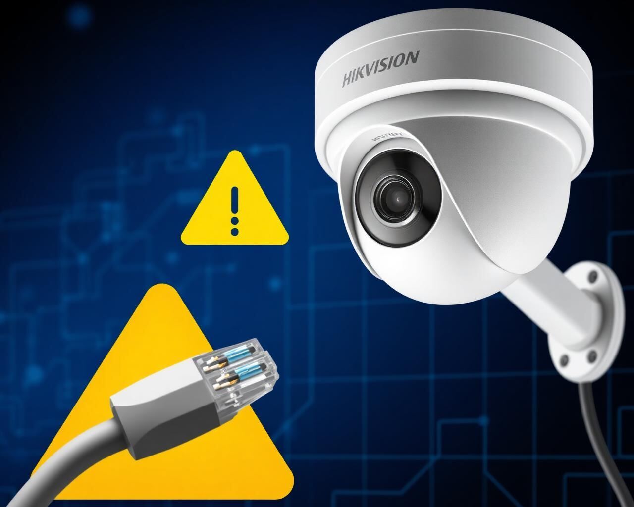 Hikvision Kamera mit Netzwerkkabel und Warnsymbol – Verbindungsabbruch diagnostizieren