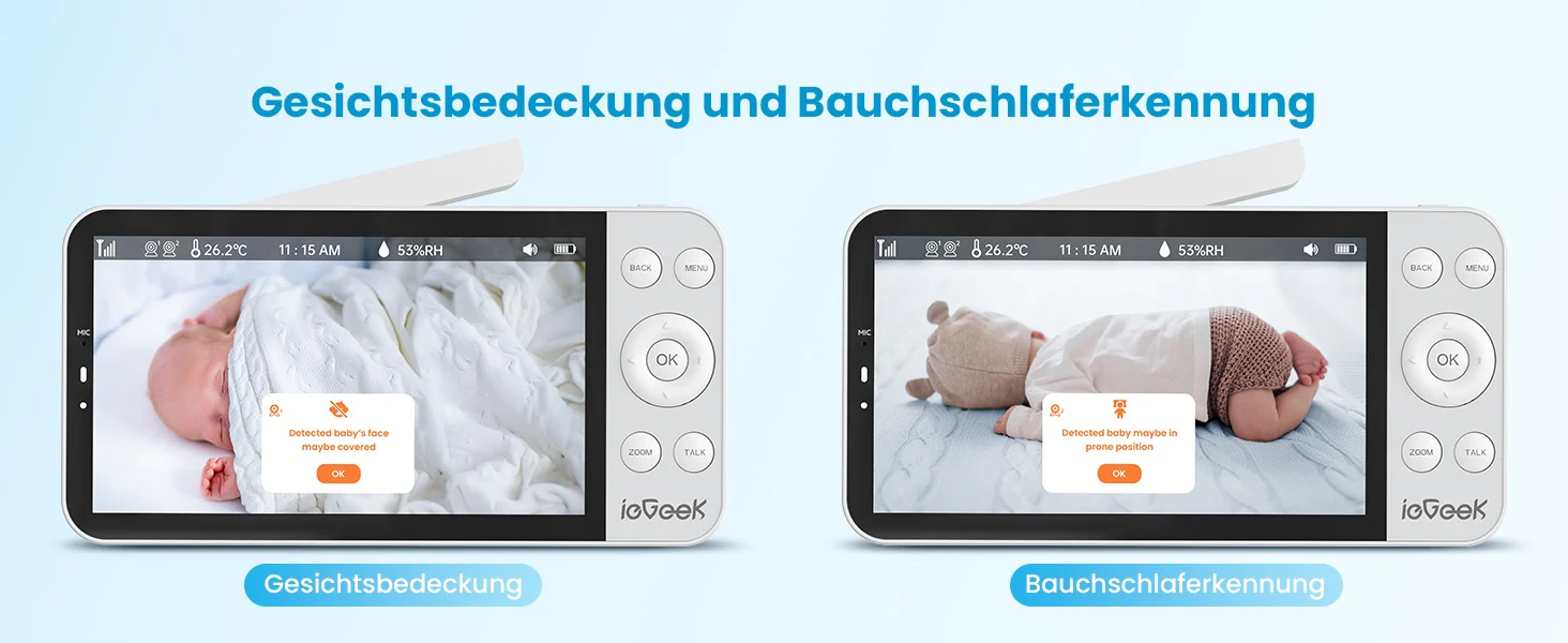 ieGeek Baby 5 erkennt Gesichtsbedeckung und Bauchschlaflage und warnt die Eltern direkt am Monitor
