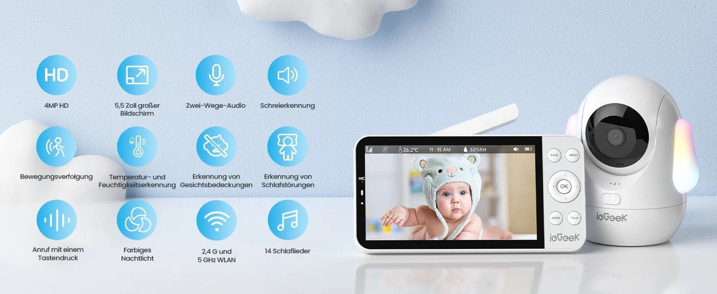 ieGeek Babyphone Baby 5 Funktionen im Überblick: HD, 5,5 Zoll Display, Zwei-Wege-Audio, Bewegungsverfolgung, Temperatursensor und WLAN