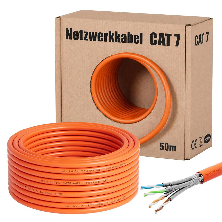iwillink Cat7 Netzwerkkabel 50 m S/FTP Verlegekabel AWG23 auf Kabelring