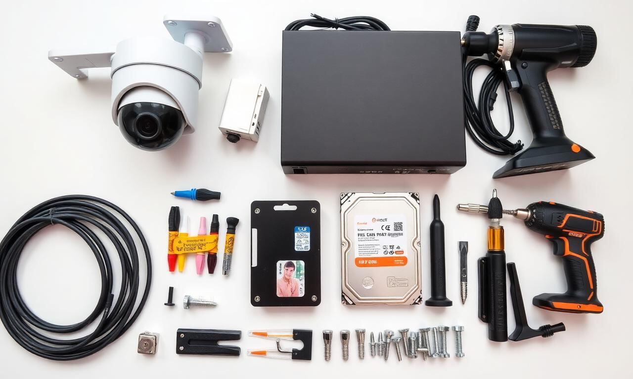 Komplette Hardware-Checkliste für die Installation einer Überwachungskamera: Kamera, NVR, Festplatte, PoE-Switch, Netzwerkkabel und Werkzeug