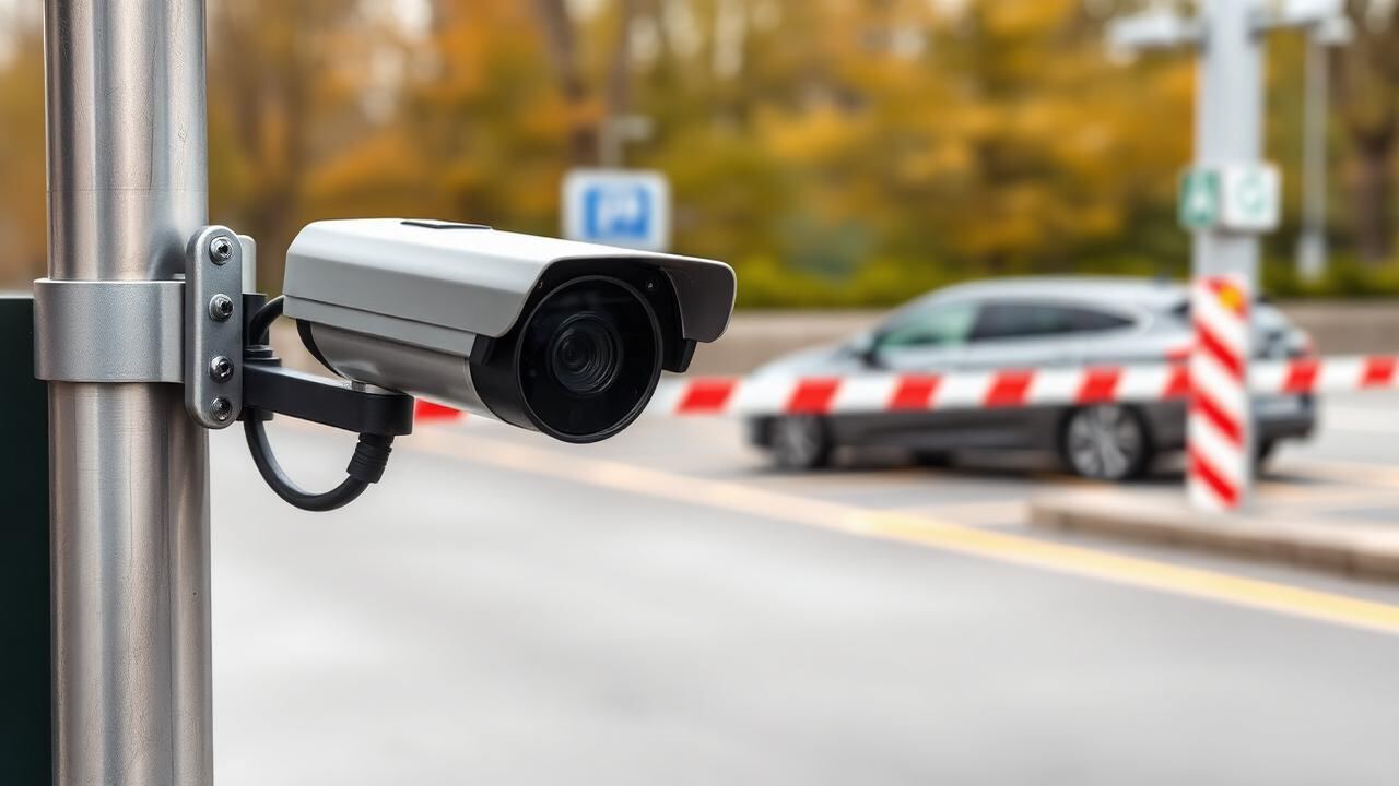 ANPR-Kennzeichenerkennungs-Kamera an Parkplatz-Schranke mit Auto im Hintergrund