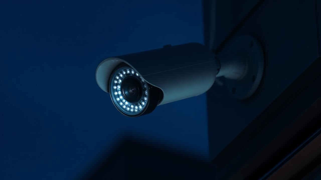 Bullet-Überwachungskamera mit Infrarot-LEDs bei Nacht an einer Hauswand – Nachtsichtkamera