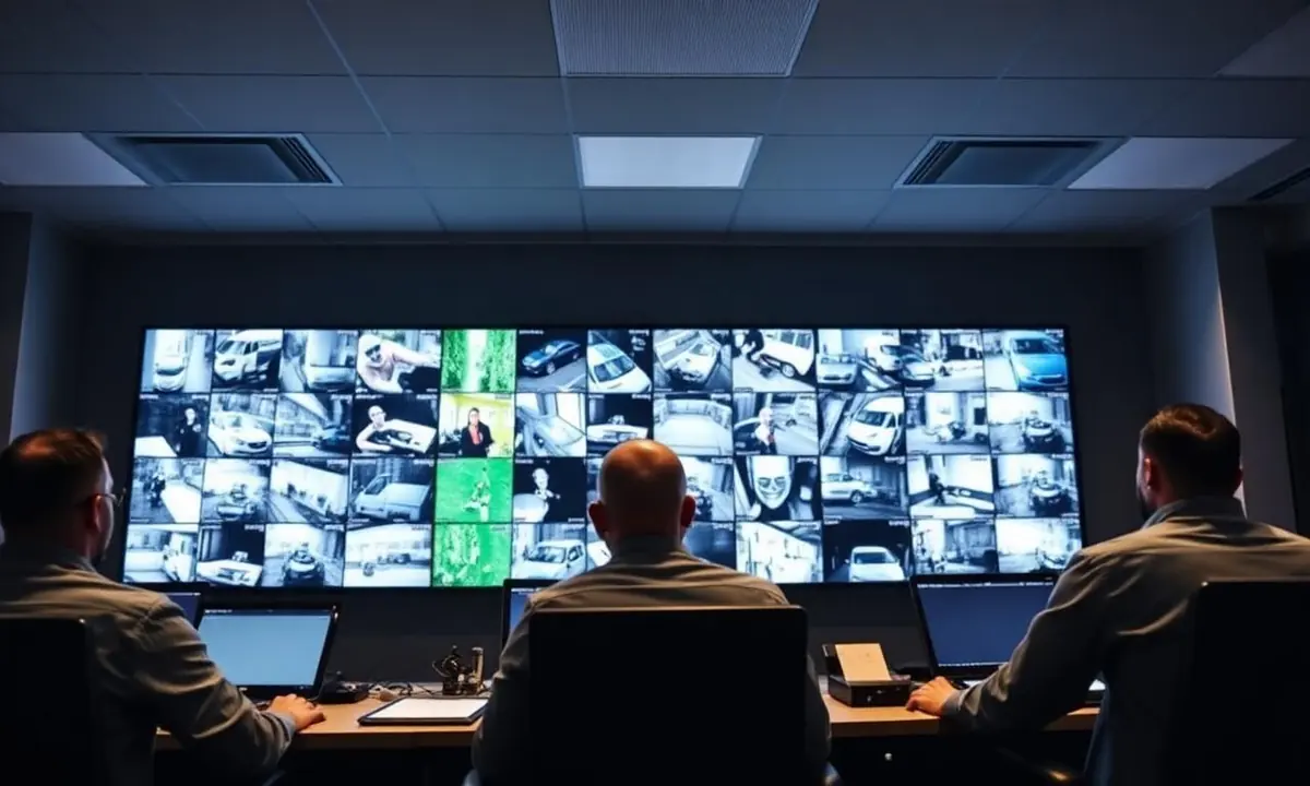 Operatoren in einer 24/7 NSL-Notruf- und Serviceleitstelle in Deutschland vor einer großen Videowand