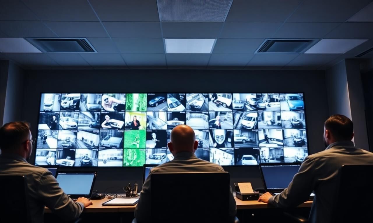 Operatoren in einer 24/7 NSL-Notruf- und Serviceleitstelle in Deutschland vor einer großen Videowand