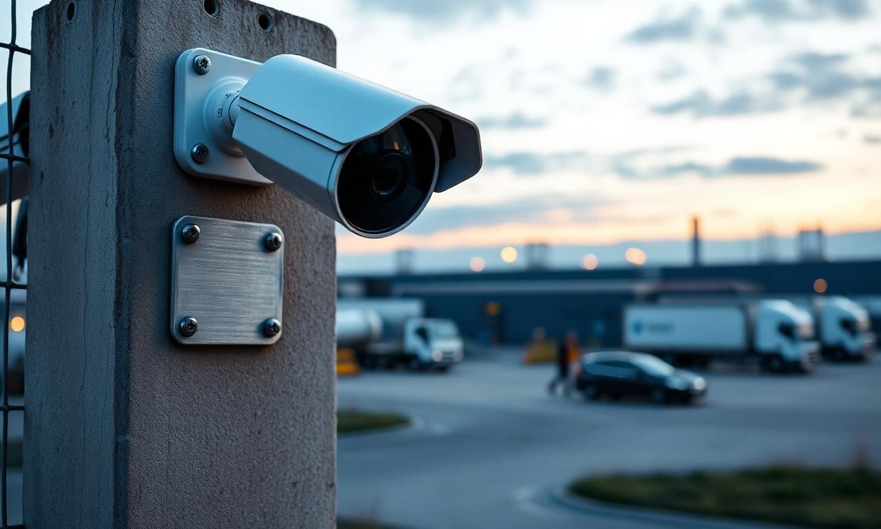 KI-Überwachungskamera fest auf einem Mast am Perimeterzaun einer deutschen Industrieanlage montiert in der Dämmerung