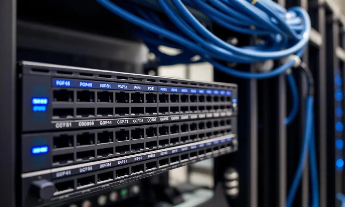 Netzwerkschrank mit PoE-Switch und Kameraverkabelung