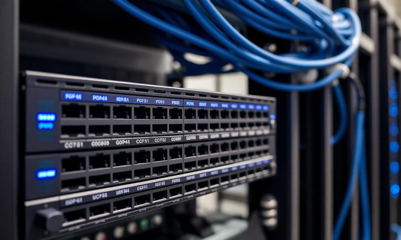 Netzwerk-Rack mit PoE++ Gigabit-Switches und CCTV-Verkabelung in einem deutschen IT-Raum