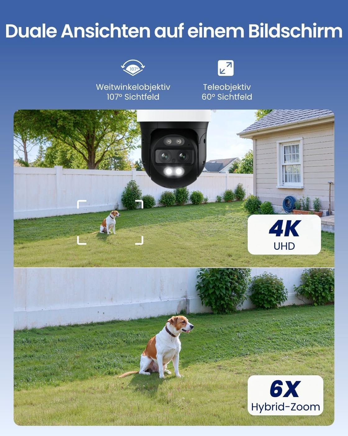 Reolink Dual-Lens Kamera mit 4K UHD und 6x Hybrid-Zoom – duale Ansichten auf einem Bildschirm