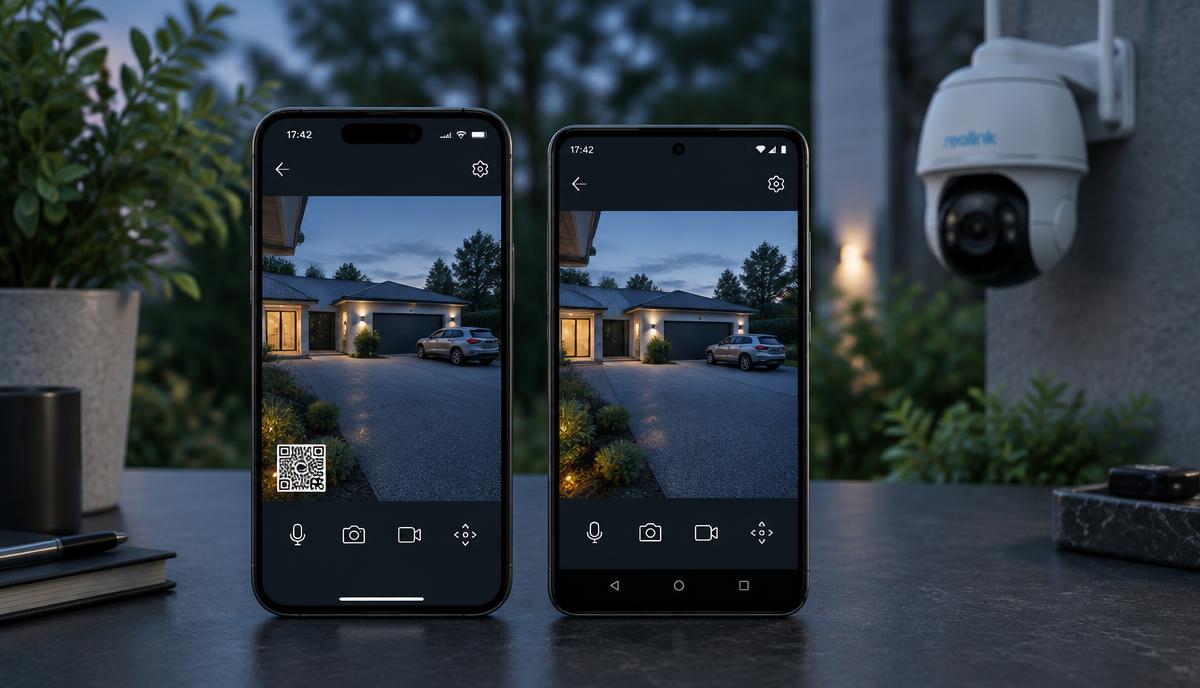 Reolink Kamera teilen – zwei Smartphones zeigen dasselbe Live-Bild einer Reolink Außenkamera, links der Teilen-QR-Code