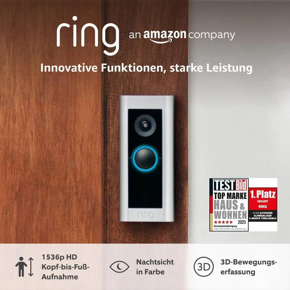 Ring Videotürklingel Pro Kabel an einer Haustür einer Mietwohnung – 1536p HD-Kamera für DSGVO-konforme Nutzung
