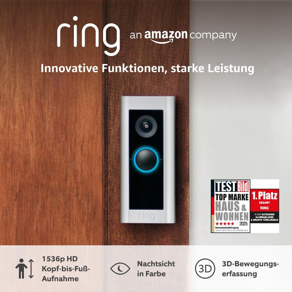 Ring Videotürklingel Pro Kabel an einer Haustür einer Mietwohnung – 1536p HD-Kamera für DSGVO-konforme Nutzung