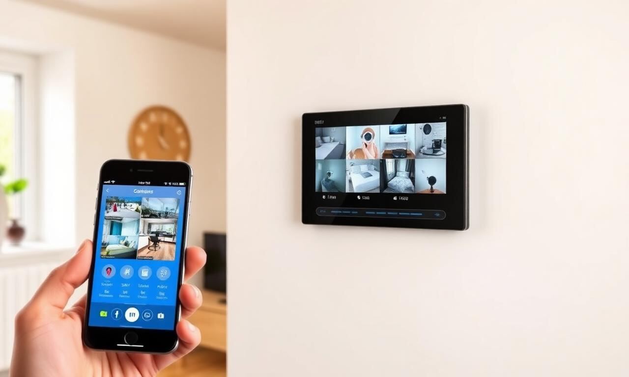 Smart-Home-Bedienpanel an der Wand und Smartphone-App zur Steuerung von Sicherheitskameras in einem deutschen Wohnraum