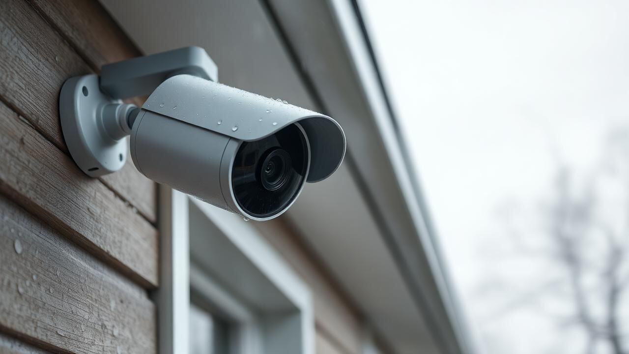 IP67-Außenüberwachungskamera an Hauswand mit Regentropfen – Außenkamera Deutschland