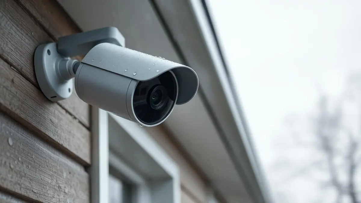 IP67-Außenüberwachungskamera an Hauswand mit Regentropfen – Außenkamera Deutschland