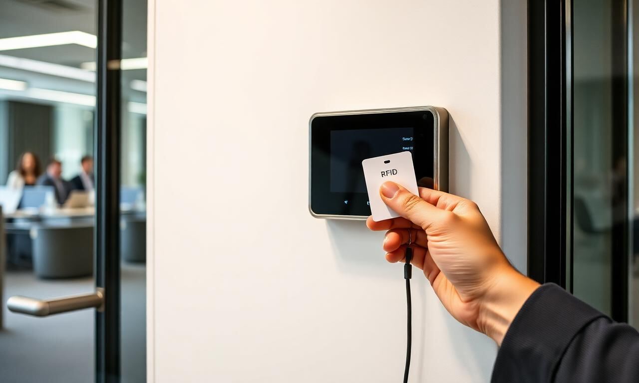 Mitarbeiter hält RFID-Karte an einen wandmontierten Zutrittskontroll-Leser am Bürozugang